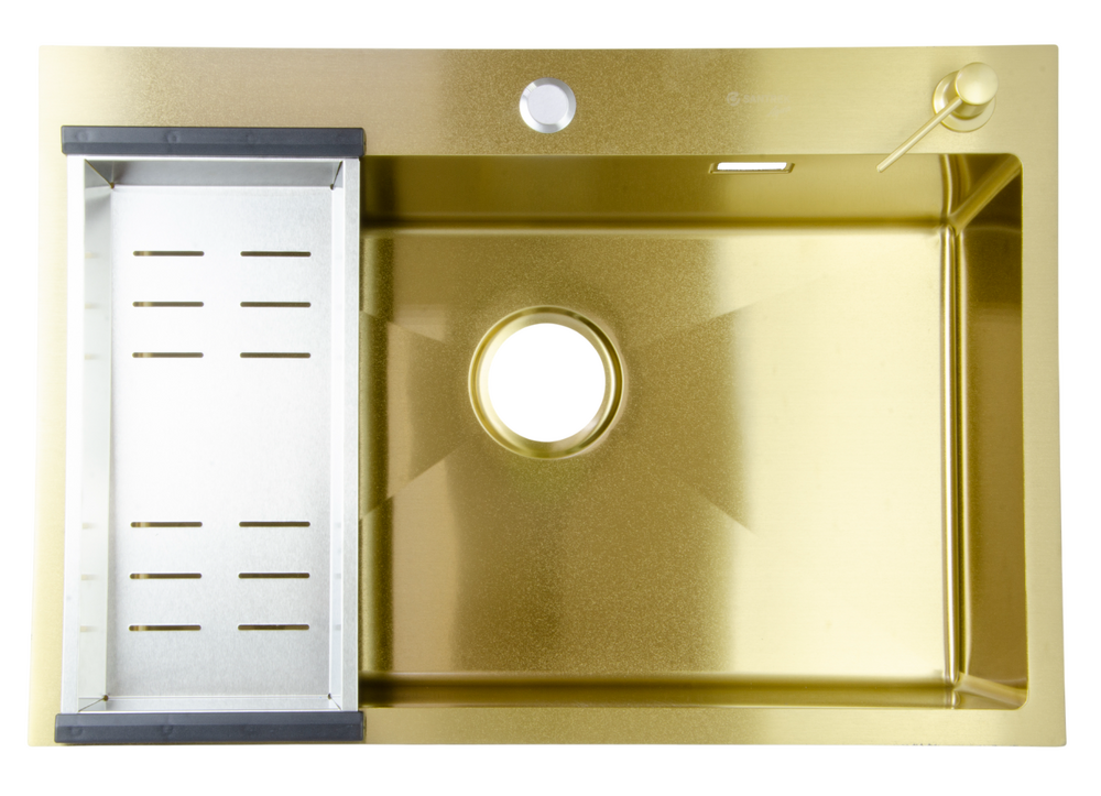 Мойка нерж врезная SANTREK AQUA PRO 700х480х220 т 3,0 ЗОЛОТО D7048HG (+ сифон + дозатор) + КОЛАНДЕР 420х220 В ПОДАРОК!!!