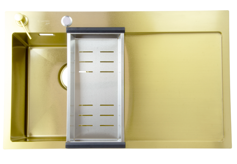 Мойка нерж врезная SANTREK AQUA PRO 780х480х220 т 3,0 ЗОЛОТО D7848HLG левая (+ сифон +дозатор) + КОЛАНДЕР 420х220 В ПОДАРОК!!!