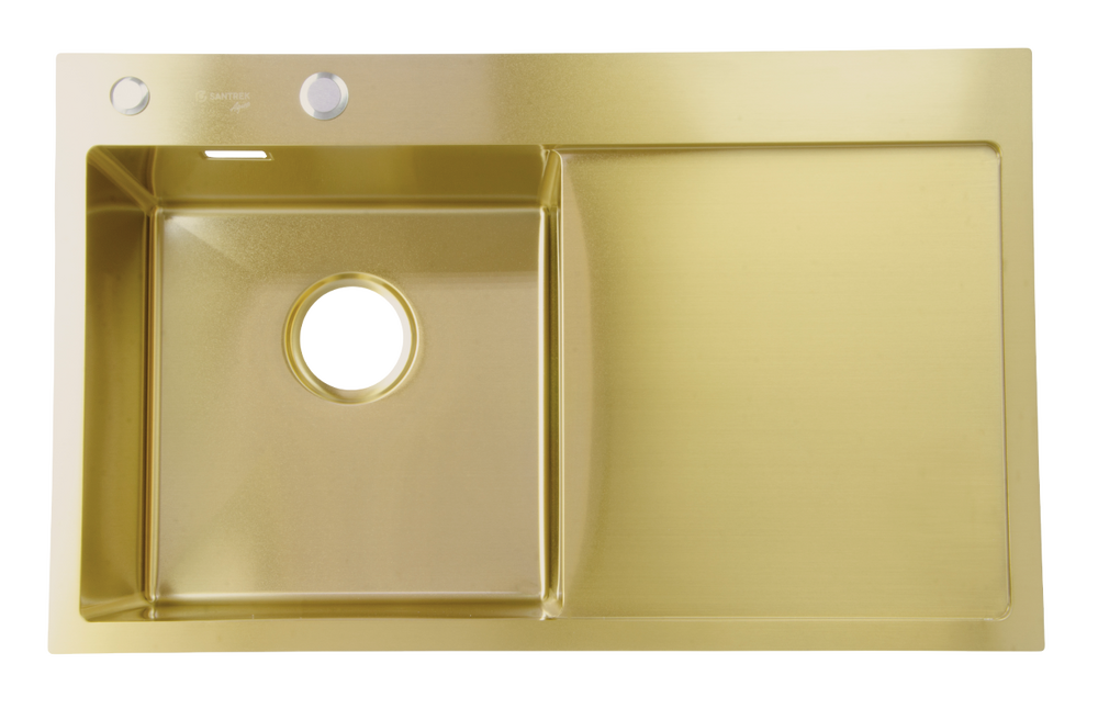 Мойка нерж врезная SANTREK AQUA PRO 780х480х220 т 3,0 ЗОЛОТО D7848HLG левая (+ сифон +дозатор) + КОЛАНДЕР 420х220 В ПОДАРОК!!!