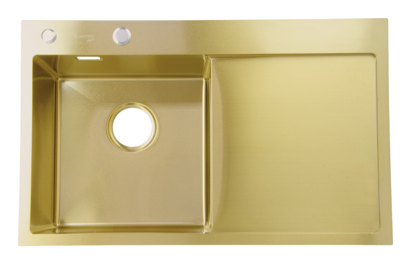 Мойка нерж врезная SANTREK AQUA PRO 780х480х220 т 3,0 ЗОЛОТО D7848HLG левая (+ сифон +дозатор) + КОЛАНДЕР 420х220 В ПОДАРОК!!!