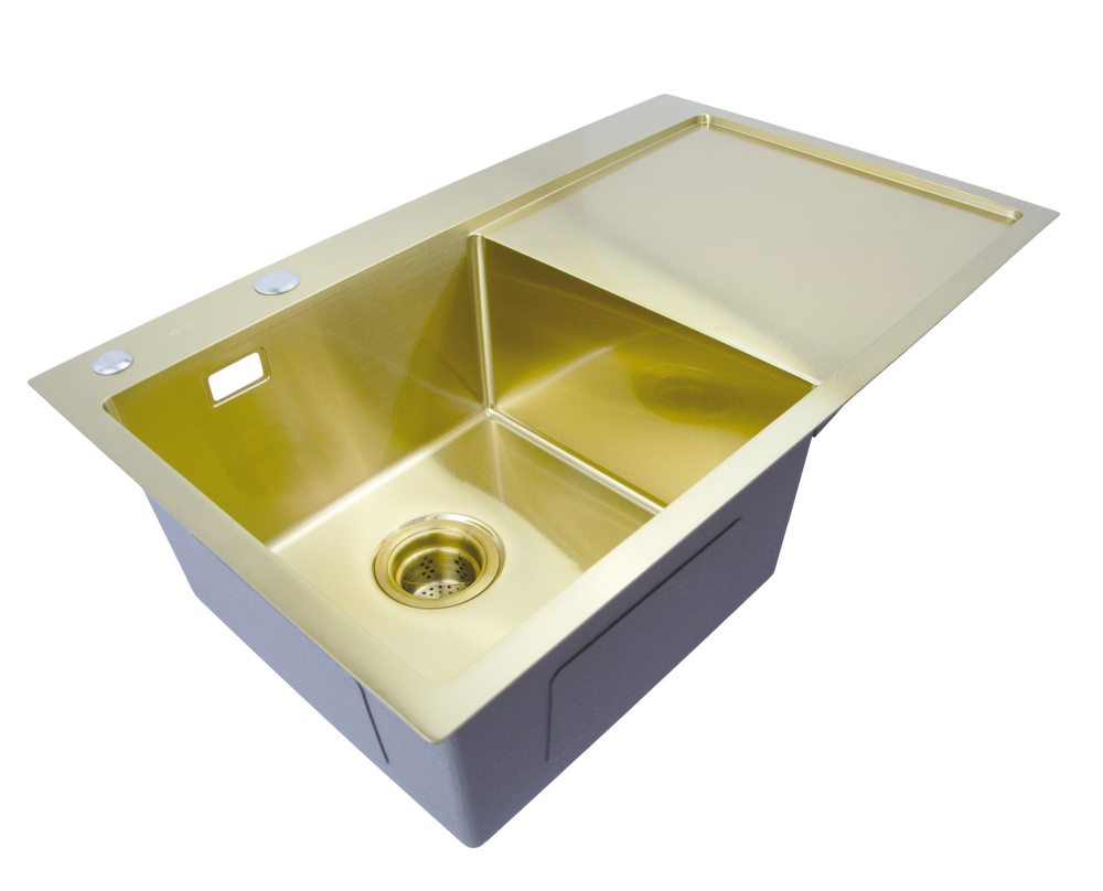 Мойка нерж врезная SANTREK AQUA PRO 780х480х220 т 3,0 ЗОЛОТО D7848HLG левая (+ сифон +дозатор) + КОЛАНДЕР 420х220 В ПОДАРОК!!!
