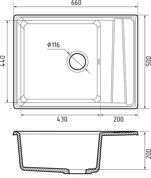 Мойка для кухни GranFest Композит LEVEL 660L чаша+крыло 430*440 (LV-660L терракот)