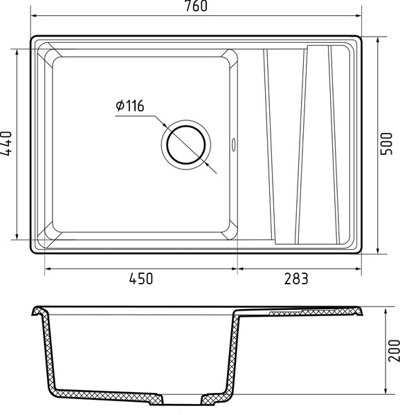 Мойка для кухни GranFest Композит LEVEL 760L чаша+крыло 450*440 (LV-760L терракот)