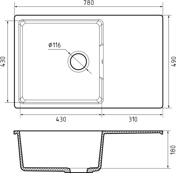 Мойка для кухни GranFest URBAN GF-URBAN 678L чаша+крыло (678L серый)