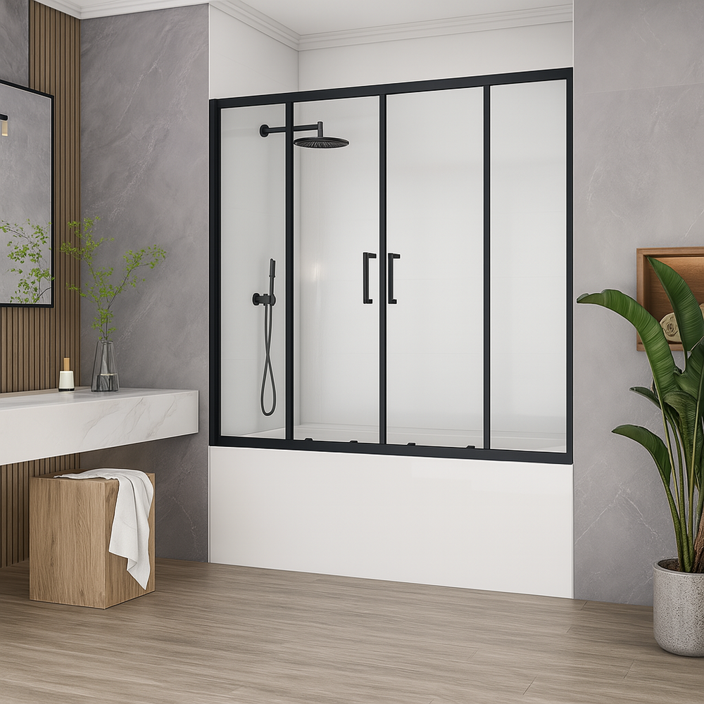 Шторка для ванны SANTREK AQUA Slim DF-1700-C-Matt Black (раздвижная, р-р:1700*1400, стекло Прозр 5мм, профиль Чёрный) 2 МЕСТА