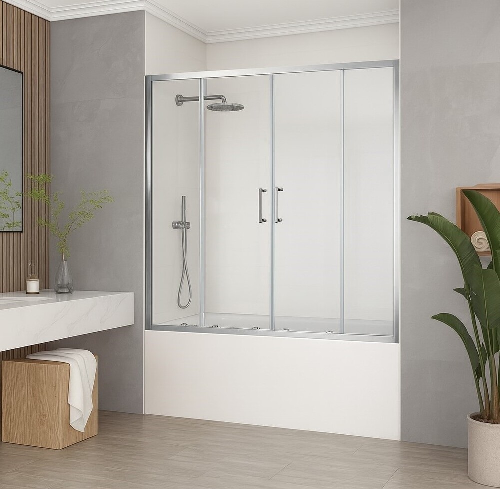 Шторка для ванны SANTREK AQUA Slim DF-1600-C-Chrome (раздвижная, р-р:1600*1400 стекло Прозр 5 мм, профиль  Хром) 2 МЕСТА