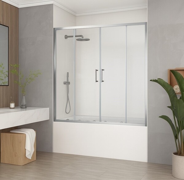 Шторка для ванны SANTREK AQUA Slim DF-1600-C-Chrome (раздвижная, р-р:1600*1400 стекло Прозр 5 мм, профиль  Хром) 2 МЕСТА