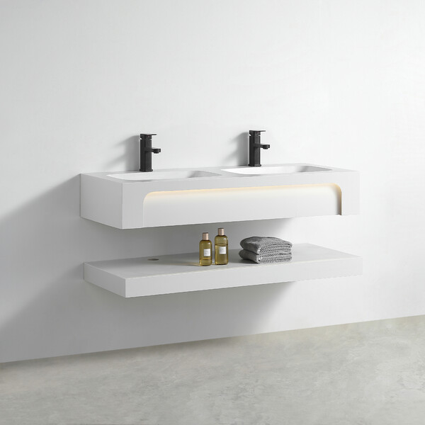 Раковина двойная со столешницей из керамогранита HOLLER TWIN 1200 (40-120-Matte White) белый, подвесная (2 части)