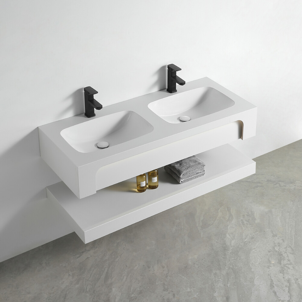 Раковина двойная со столешницей из керамогранита HOLLER TWIN 1200 (40-120-Matte White) белый, подвесная (2 части)