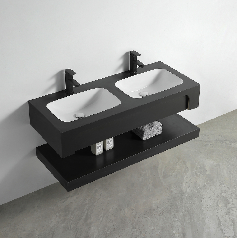 Раковина двойная со столешницей из керамогранита HOLLER TWIN 1200 (40-120-Matte Black) чёрный, подвесная (2 части)