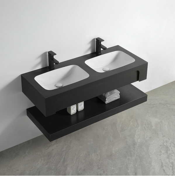 Раковина двойная со столешницей из керамогранита HOLLER TWIN 1200 (40-120-Matte Black) чёрный, подвесная (2 части)
