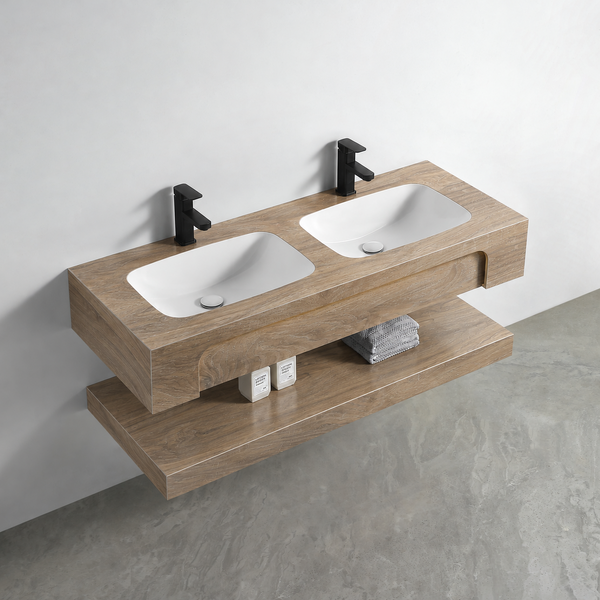 Раковина двойная со столешницей из керамогранита HOLLER TWIN 1500 (40-150-Glossy Brown Wooden) дуб вотан, подвесная (2 части)