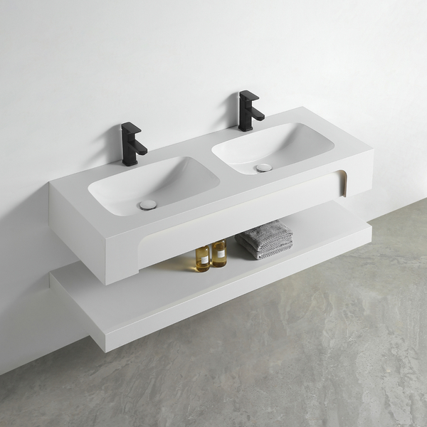 Раковина двойная со столешницей из керамогранита HOLLER TWIN 1500 (40-150-Matte White) белый, подвесная (2 части)