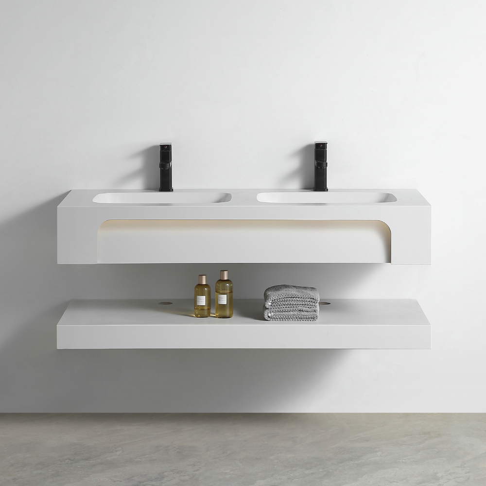 Раковина двойная со столешницей из керамогранита HOLLER TWIN 1500 (40-150-Matte White) белый, подвесная (2 части)