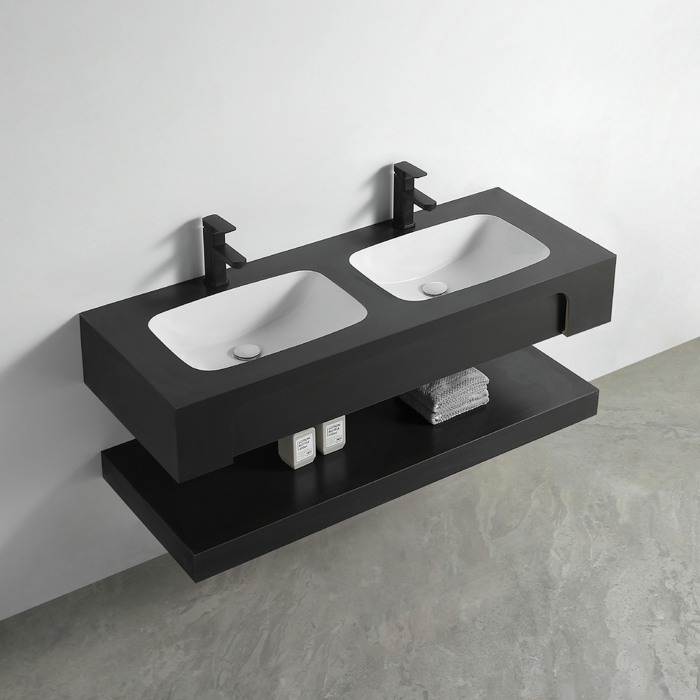 Раковина двойная со столешницей из керамогранита HOLLER TWIN 1500 (40-150-Matte Black) чёрный, подвесная (2 части)
