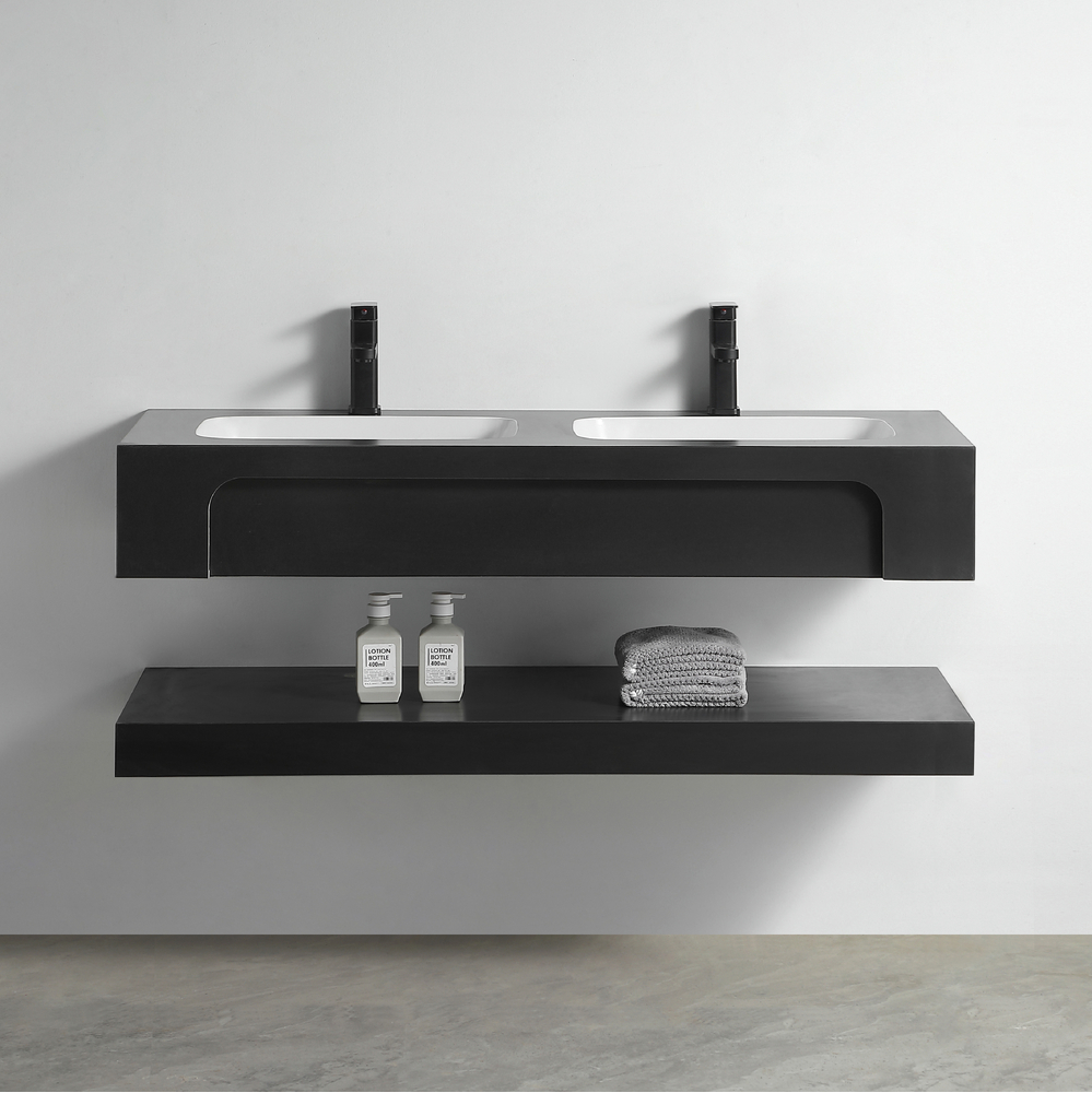 Раковина двойная со столешницей из керамогранита HOLLER TWIN 1500 (40-150-Matte Black) чёрный, подвесная (2 части)