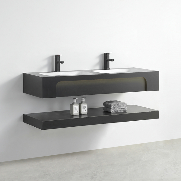 Раковина двойная со столешницей из керамогранита HOLLER TWIN 1500 (40-150-Matte Black) чёрный, подвесная (2 части)