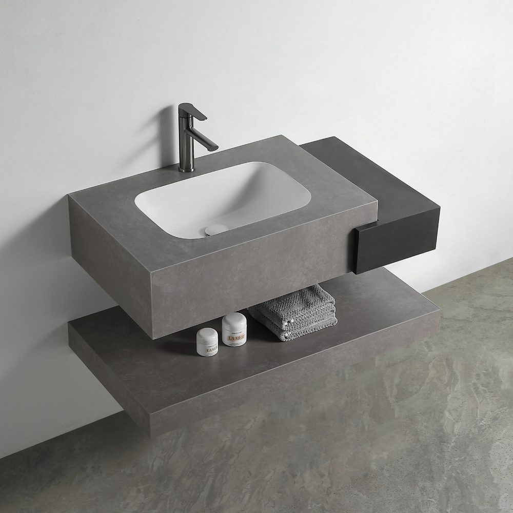 Раковина со столешницей из керамогранита HOLLER DUO 800 (15-80-Matte Grey / Matte Black) серый/чёрный, подвесная (3 части)