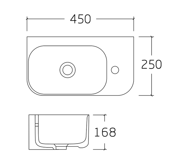 Раковина подвесная HOLLER K-6496L ЛЕВАЯ (450*250*168мм), белая (+ крепеж)