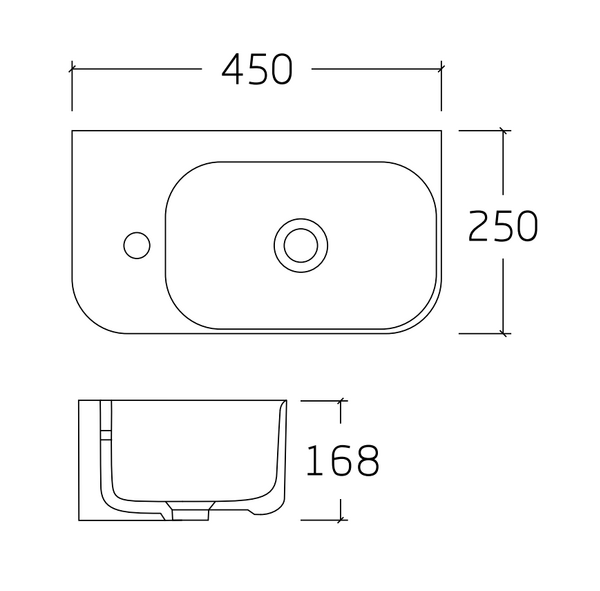 Раковина подвесная HOLLER K-6496R ПРАВАЯ (450*250*168мм), белая (+ крепеж)