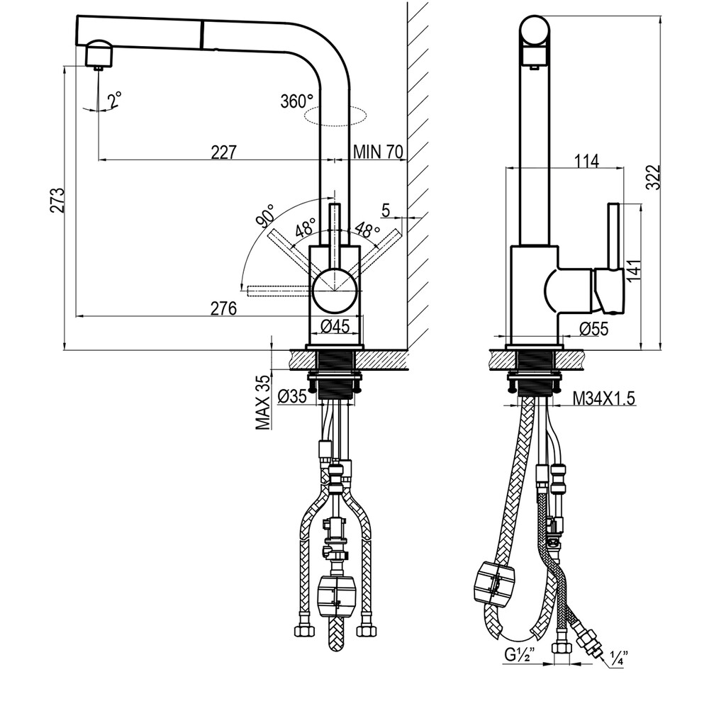 Смеситель Кухня шар d35 с вытяжным изливом c подключением к фильтру с питьевой водой, хром ROSSINKA Z35-37	