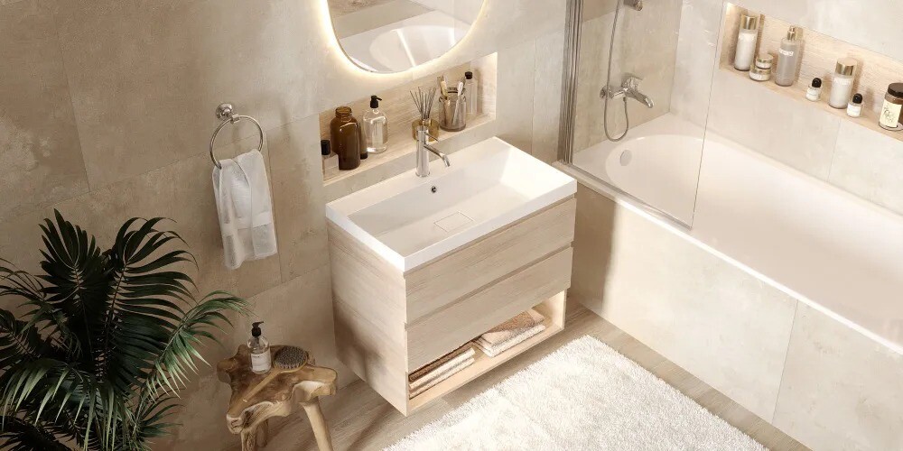 Умывальник "Paola Torino 80" (литьевой мрамор, 800х450х155) в комплекте с выпуском и переливом г. Ульяновск