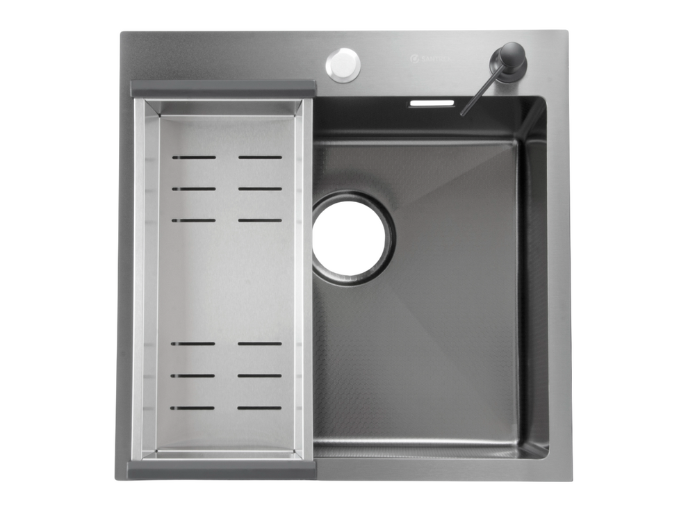 Мойка нерж врезная SANTREK AQUA PRO 500х500х220 т 3,0 ДЕКОР ГРАФИТ D5050HDB (+ сифон + дозатор) + КОЛАНДЕР 440х220 В ПОДАРОК!!!