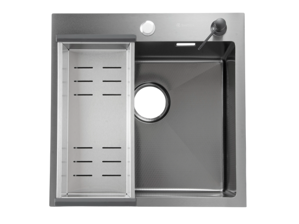 Мойка нерж врезная SANTREK AQUA PRO 500х500х220 т 3,0 ДЕКОР ГРАФИТ D5050HDB (+ сифон + дозатор) + КОЛАНДЕР 440х220 В ПОДАРОК!!!