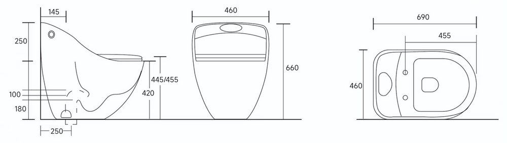 Унитаз-моноблок безободковый HOLLER СТАР MB (690*460*660мм, сиденье дюропласт с микролифтом, арматура 2-х режимная)  (1 место) черный матовый