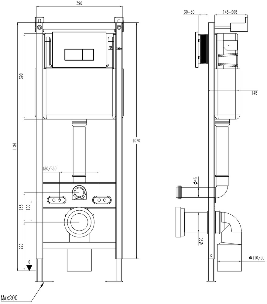 Инсталляция скрытого монтажа HOLLER MQ501 (390*145*1124мм), (3/6л), для подвесного унитаза, универсал (без клавиши смыва)