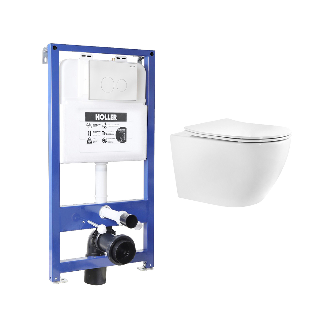 Инсталляция HOLLER MQ100 (комплект 3 в 1) + Унитаз подвесной безободковый HOLLER WALL T , белый + Клавиша смыва HOLLER MWHR, матовый белый
