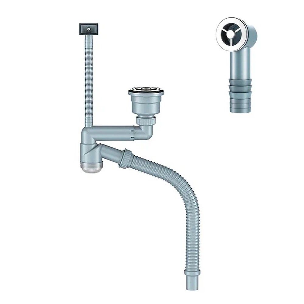 Д-11008У Сифон для кухни с выпуском NORDFORM ОРИО 3 1/2, смещенный (телескопический), с универсальным переливом, корзиной для мусора и гибкой трубой