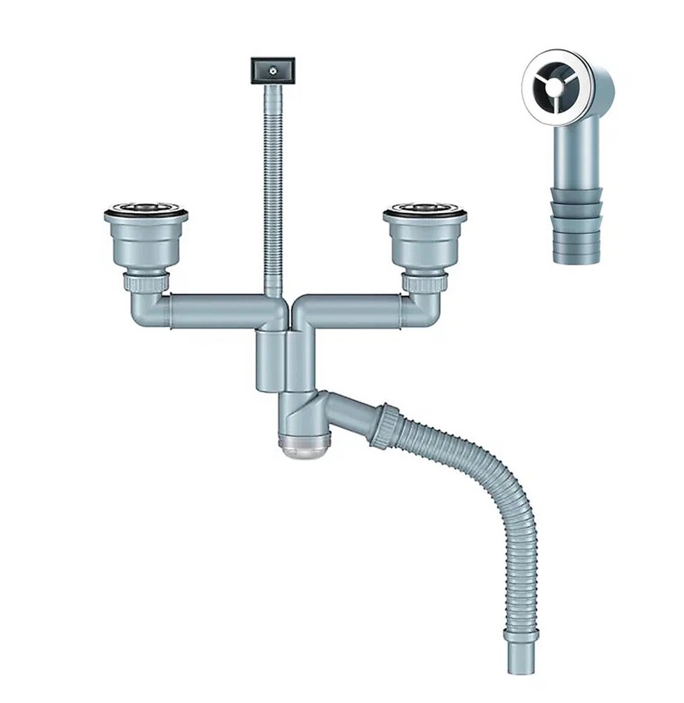 Д-11008У-2 Сифон двойной для кухни с выпуском NORDFORM ОРИО 3 1/2, смещенный (телескопич.), с универс. переливом, корзиной для мусора и гибкой трубой