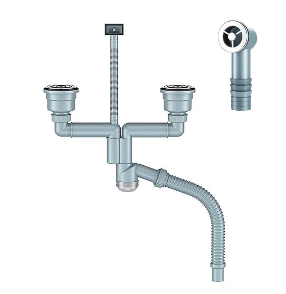 Д-11008У-2 Сифон двойной для кухни с выпуском NORDFORM ОРИО 3 1/2, смещенный (телескопич.), с универс. переливом, корзиной для мусора и гибкой трубой