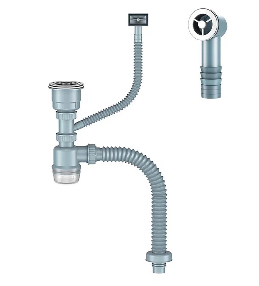 Д-11052У Сифон для кухни с выпуском NORDFORM ОРИО 3 1/2, с универсальным переливом, корзиной для мусора и гибкой трубой