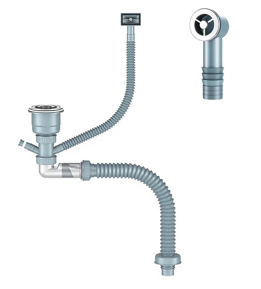 Д-11053У Сифон для кухни с выпуском NORDFORM ОРИО 3 1/2, сухой затвор, с универсальным переливом, отводом, корзиной для мусора и гибкой трубой