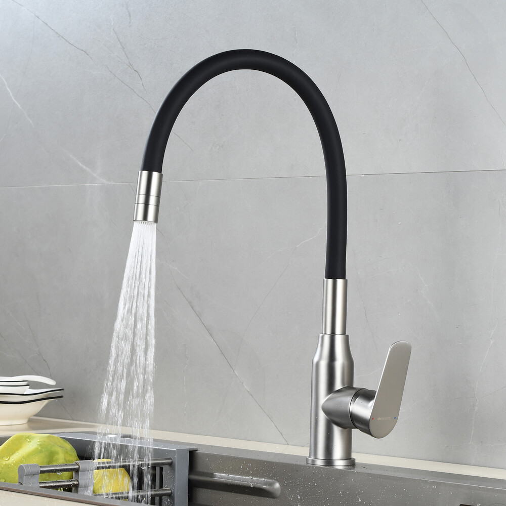 DR29024-Black Смеситель одноручный для кухни с гибким изливом, хром/чёрный, DECOROOM