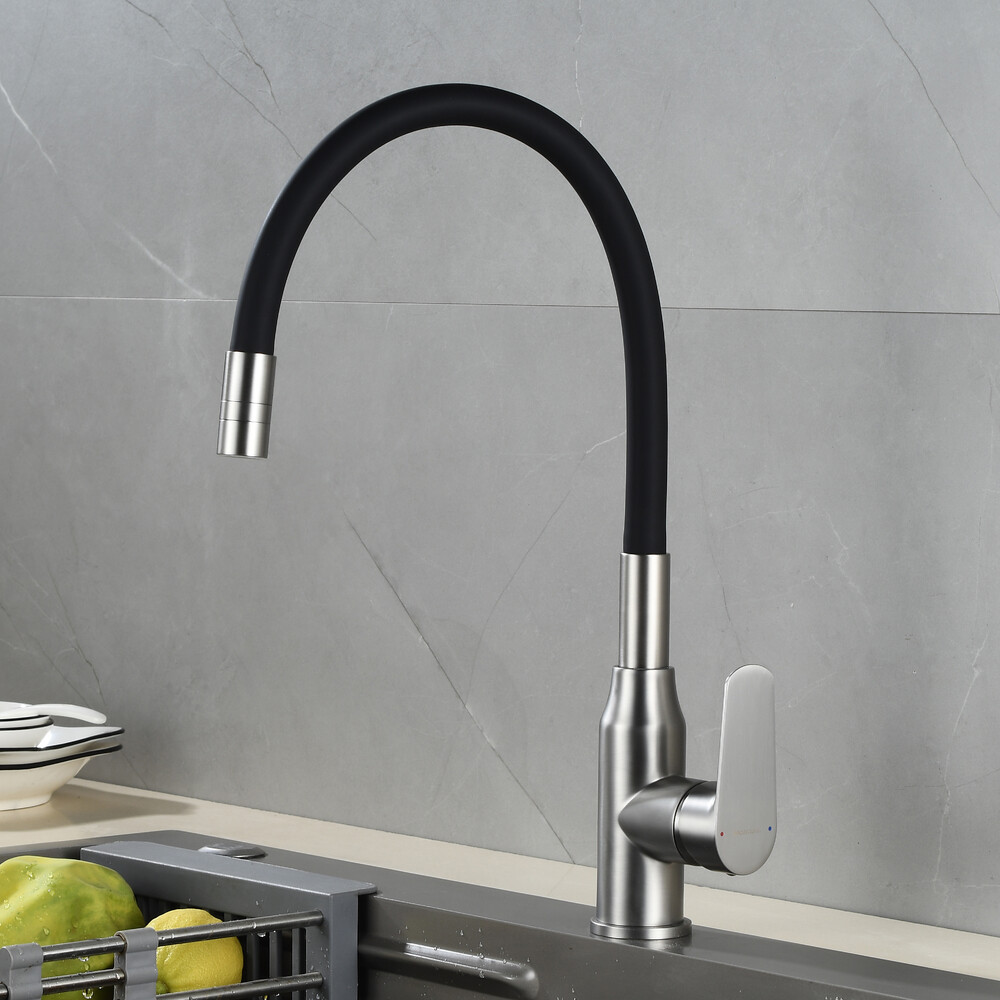 DR29024-Black Смеситель одноручный для кухни с гибким изливом, хром/чёрный, DECOROOM