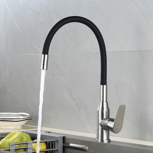 DR29024-Black Смеситель одноручный для кухни с гибким изливом, хром/чёрный, DECOROOM