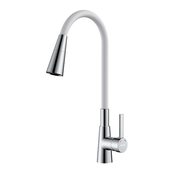 Смеситель одноручный для кухни с гибким цветным изливом, хром/белый ROSSINKA Z35-39-White НОВИНКА!!!