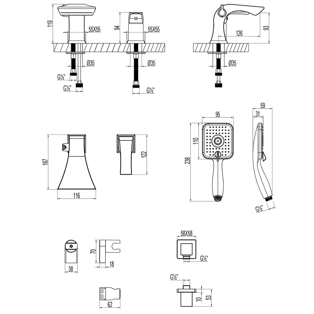 LM4547C Unit Смеситель для ванны встр-ый, на 2 отверстия, с акс-ми, хром LEMARK