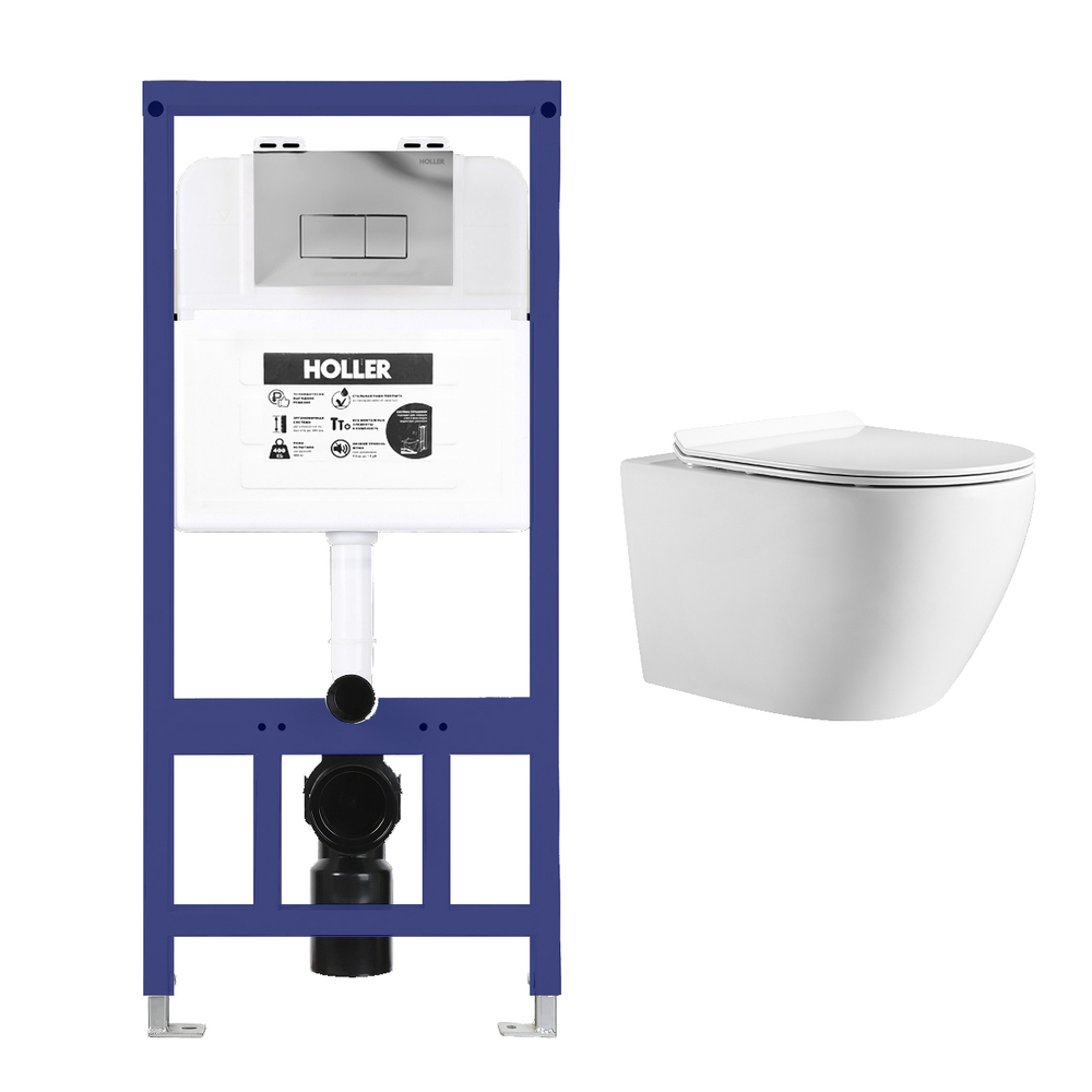  Инсталляция HOLLER MQ102 (комплект 3 в 1) + Унитаз подвесной безободковый HOLLER WALL,белый  + Клавиша смыва HOLLER GPV, хром