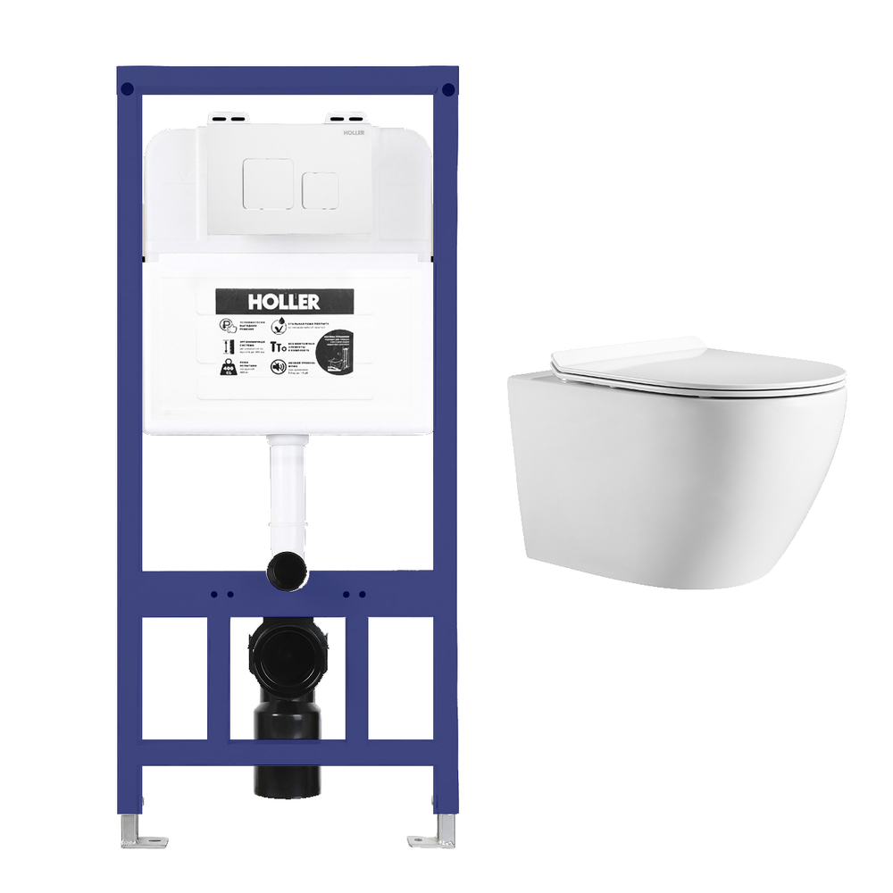    Инсталляция HOLLER MQ102 (комплект 3 в 1) + Унитаз подвесной безободковый HOLLER WALL,белый  + Клавиша смыва HOLLER GPB, хром