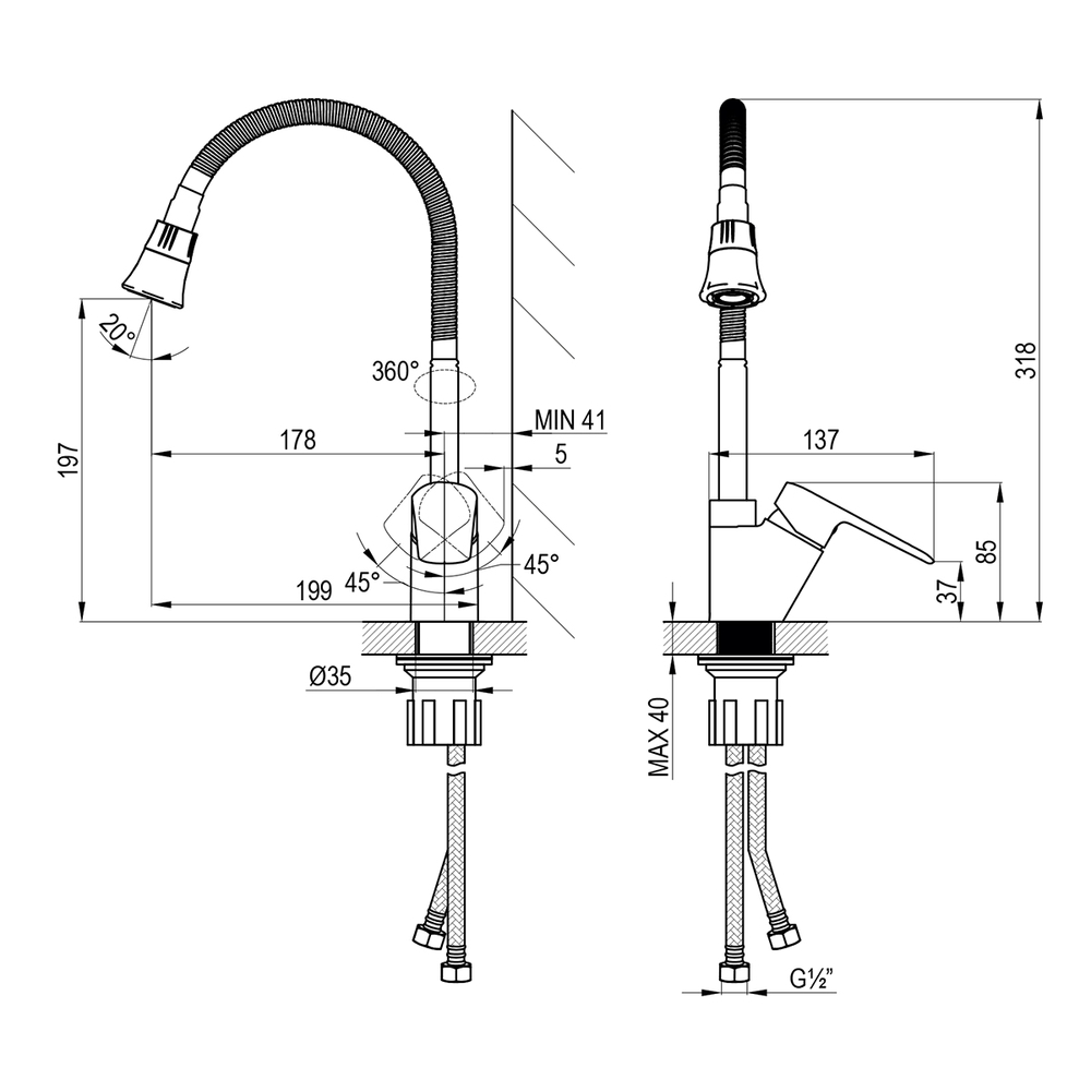 DR27024 Смеситель для кухни с гибким поворотным изливом, DECOROOM