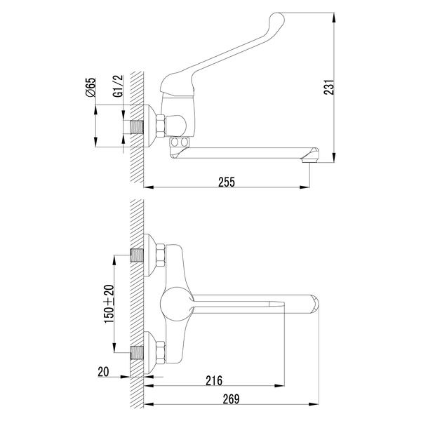 LM4611C Project Смеситель для кухни/умывальника с локтевой рукояткой, настенный, излив 200 мм, хром LEMARK
