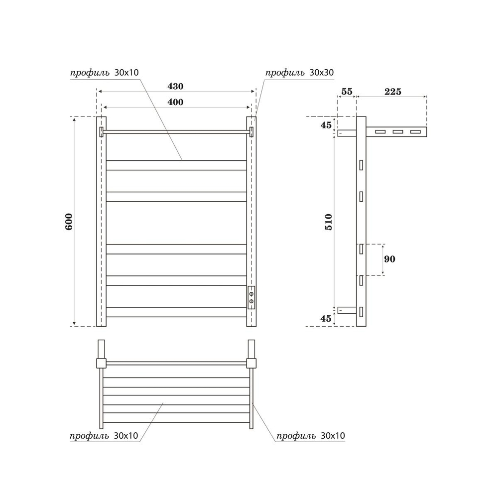 Полотенцесушитель электрический HOLLER Наоми NM11164BM 600x400 с крючками и полкой, черн. матовый