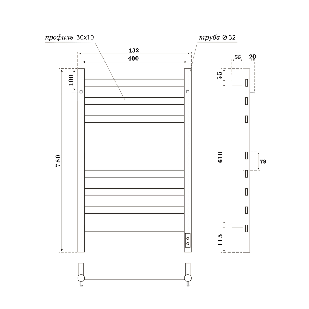 Полотенцесушитель электрический HOLLER Вельвет VL10184GF 800x400 с крючками, графит металлик
