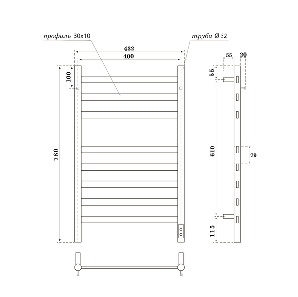 Полотенцесушитель электрический HOLLER Вельвет VL10184BM 800x400 с крючками, черный матовый