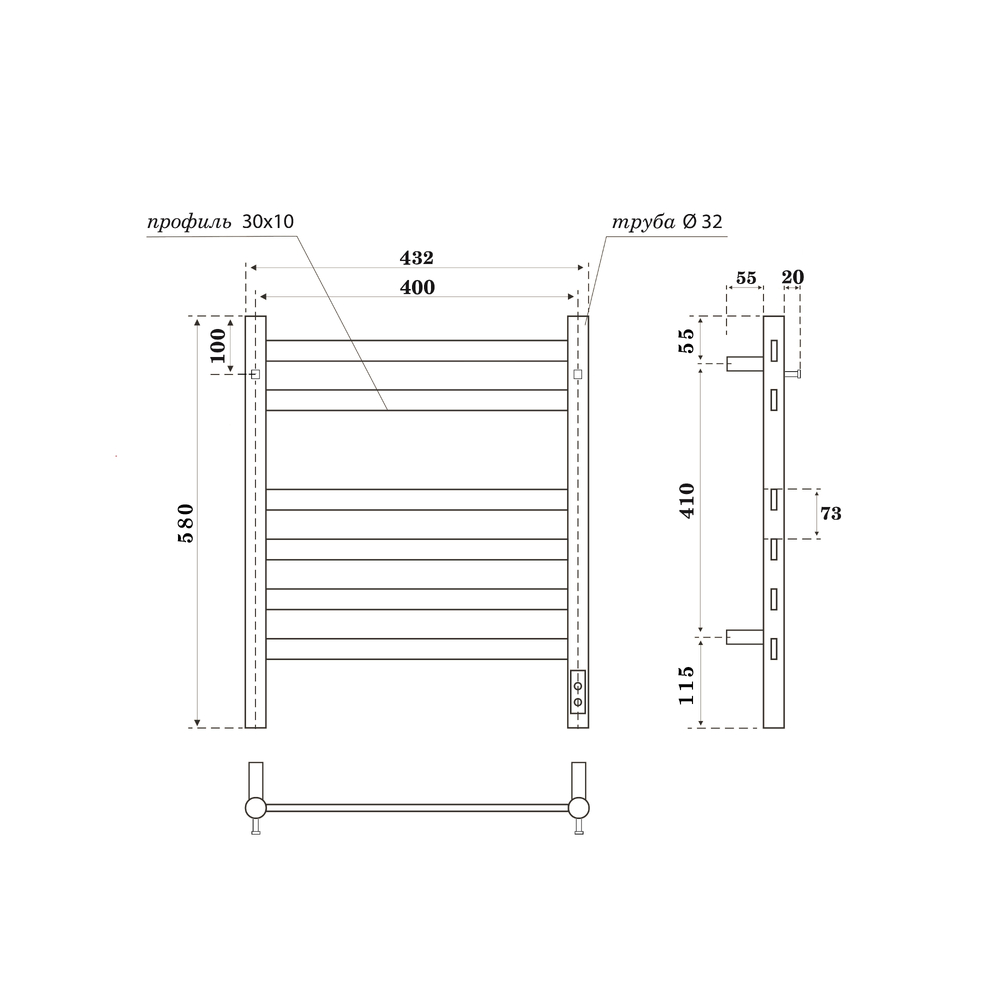 Полотенцесушитель электрический HOLLER Вельвет VL10164BM 600x400 с крючками, черный матовый