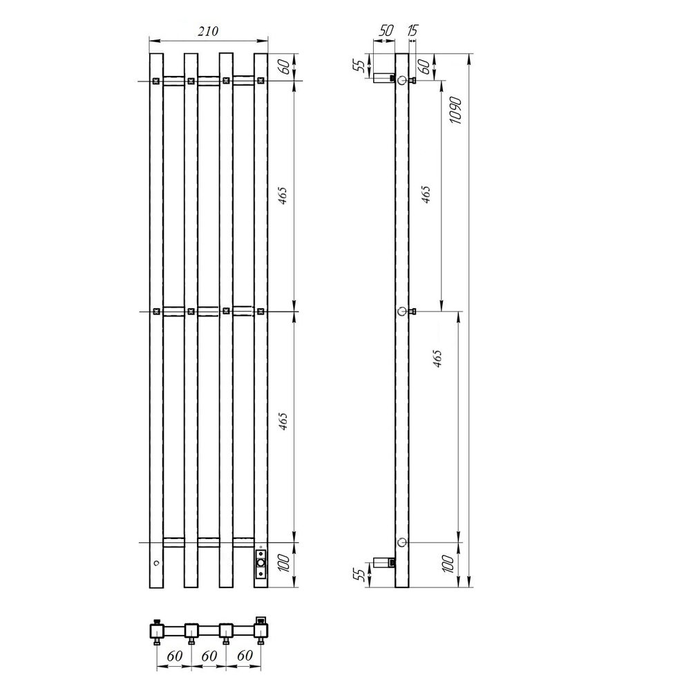 Полотенцесушитель электрический HOLLER Аурика AR10113BM 1100x180 с крючками, черный матовый